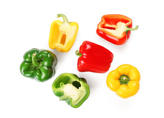 Wall Mural - Many fresh colorful bell peppers on white background
