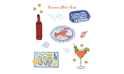 Wall Mural - Sardines, lobster, oyster, tomato, lemon, sunglass, star and drink  artwork for t shirt print, poster, sticker and other uses.