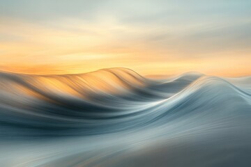 Wall Mural - Abstract waves undulate gracefully under a warm, glowing sunset sky. Fluid lines create a serene, minimalist ocean landscape with dynamic motion and vibrant hues, evoking calm beauty.