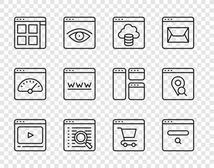 Wall Mural - Set line Online play video, Search engine, Cloud technology data transfer, Browser files, window, shopping on screen and Infographic of city map icon. Vector