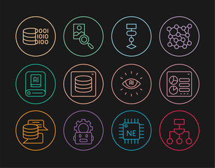 Wall Mural - Set line Algorithm, Computer api interface, Server, Data, Artificial intelligence AI, Binary code, and Photo retouching icon. Vector