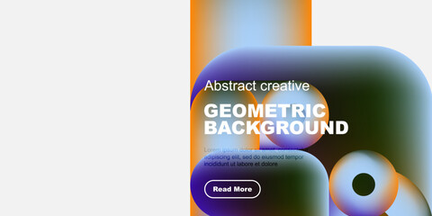 Wall Mural - Abstract geometric background features vibrant colors, fluid shapes, text, button. Modern design elements create dynamic visual impact.