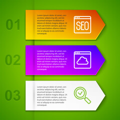 Wall Mural - Set line SEO optimization, Cloud technology data transfer and Magnifying glass with check mark. Business infographic template. Vector