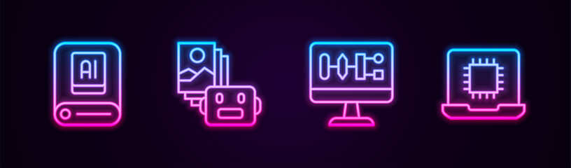 Wall Mural - Set line Artificial intelligence AI, robot, Algorithm and Processor CPU. Glowing neon icon. Vector