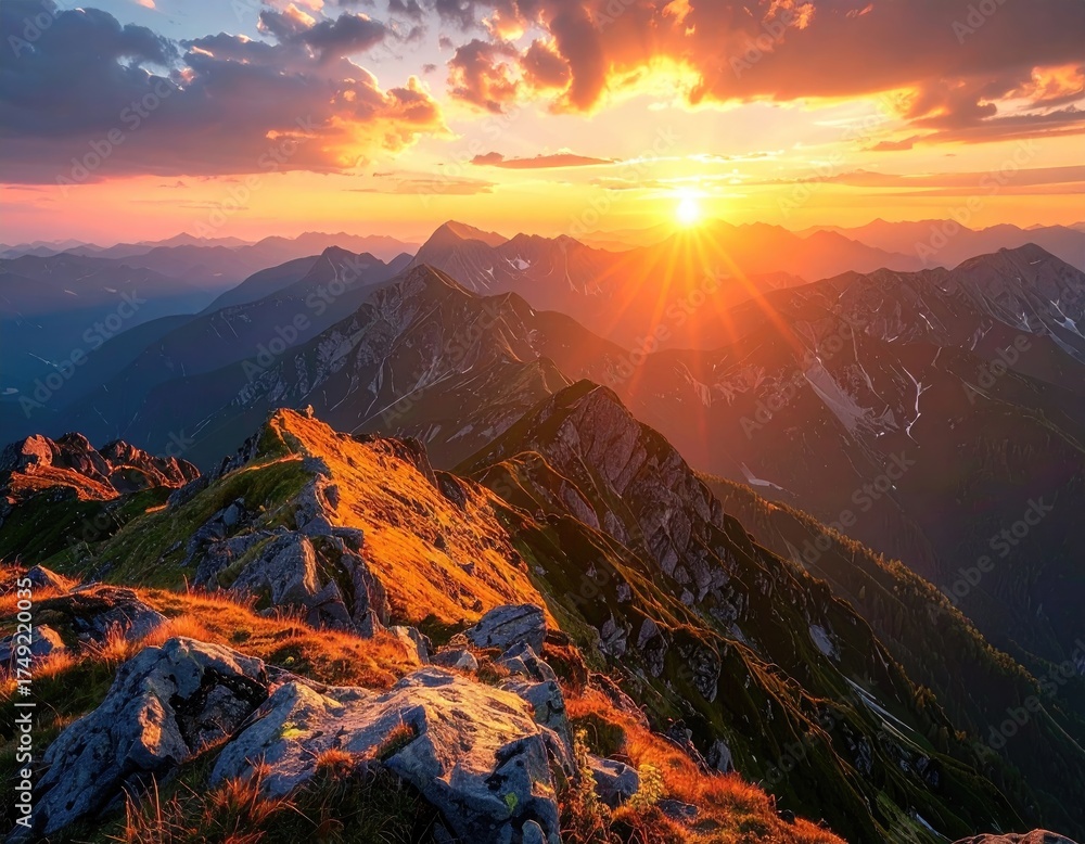 Majestic Mountain Peaks at Sunset with Golden Light and Dramatic Sky ...