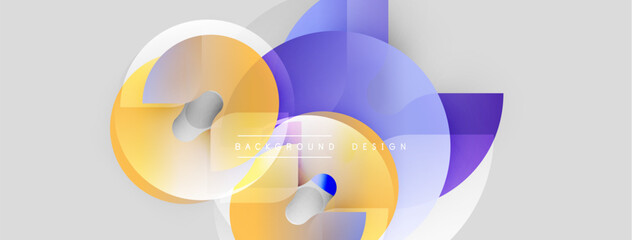 Wall Mural - Abstract fluid shapes overlap, creating dynamic composition. Soft gradients blend yellow, purple, blue hues. Minimalist design for backgrounds.