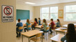 © AiDesign - No phones during class sign showing student discipline policy restriction regulation and educational guideline for communication silence attention and learning environment