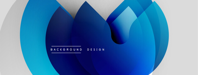 Wall Mural - Abstract blue shapes overlap, creating dynamic background. Modern design features gradient colors, smooth curves, simple text.