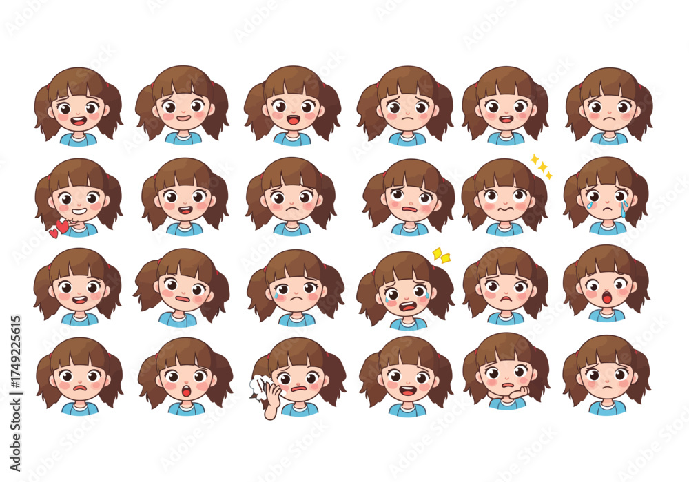 Cute cartoon girl character with a variety of facial expressions and ...