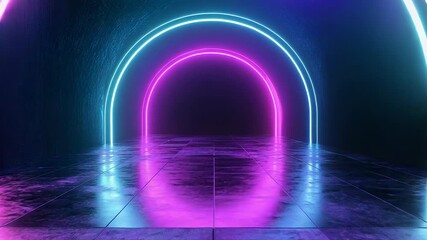 Wall Mural - Neon glowing arches creating a futuristic tunnel corridor