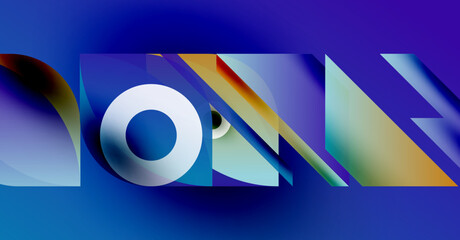Wall Mural - Abstract composition featuring overlapping colorful shapes, text DOM, vibrant blues dominate background. Modern design elements present.