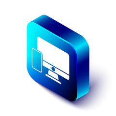 Wall Mural - Isometric Computer monitor and mobile phone icon isolated on white background. Earnings in the Internet, marketing. Blue square button. Vector