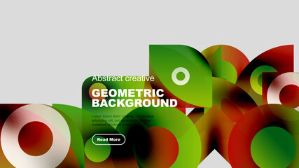 Wall Mural - Abstract geometric background features vibrant shapes, colors. Text promotes further information via button. Modern design elements present.