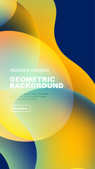 Wall Mural - Abstract colorful shapes overlap dark background. Text promotes geometric design, includes read more button. Modern aesthetic.