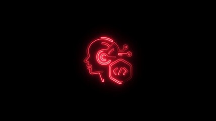Red Neon A I Head Icon with Code Symbol and Circuitry on Black Background Futuristic Technology