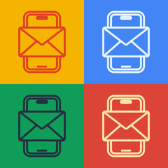 Wall Mural - Pop art line Mobile and envelope, new message, mail icon isolated on color background. Usage for e-mail newsletters, headers, blog posts. Vector