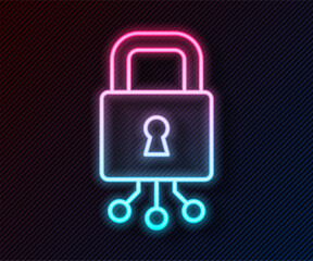 Wall Mural - Glowing neon line Cyber security icon isolated on black background. Closed padlock on digital circuit board. Safety concept. Digital data protection. Vector