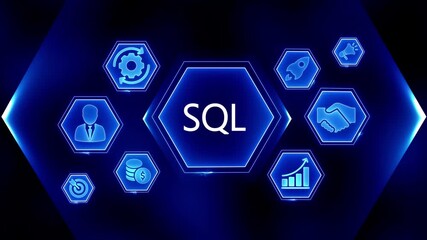 S Q L database management technology concept with business icons data analytics finance growth strategy teamwork and success digital network abstract background