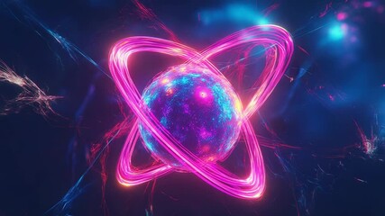 Canvas Print - Quantum atom model with glowing orbital electron rings