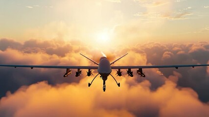 Wall Mural - Video A plane flies through the clear blue sky with the sun shining brightly in the background