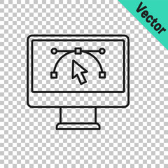 Black line Computer display with vector design program icon isolated on isolated on transparent background. Photo editor software with user interface. Vector