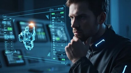 Man interacts with digital interface displaying data analysis charts