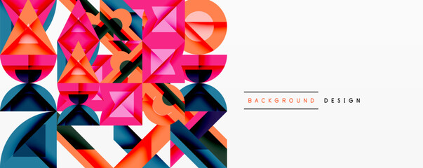 Wall Mural - Abstract geometric shapes, vibrant colors, modern design. Composition features triangles, layers, gradients, white space.