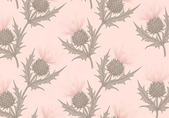  Elegant thistles seamless pattern on pale rose background, botanical art