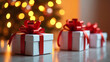 © Luce - Christmas white gift boxes wrapped with red ribbons and bows in a warm, festive setting with blurred golden bokeh lights