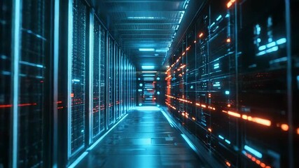 Wall Mural - Data center corridor with glowing server racks and network activity
