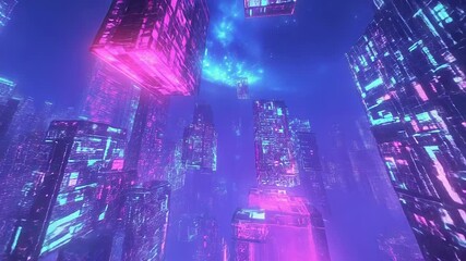 Canvas Print - Glowing digital city blocks floating in virtual space