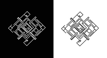 Intricate geometric pattern formed by interlocking lines and squares in a symmetrical silhouette