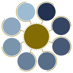 8-Step Circular Infographic Vector Template. Corporate-style illustration is ideal for visualizing central concepts, relationships or options connected to a core idea featuring a monochromatic palette
