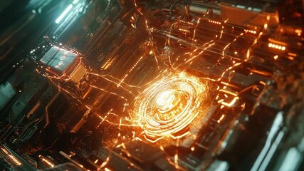 Wall Mural - Futuristic circuit board radiating powerful orange energy data