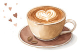 Watercolor latte coffee cup with heart shaped foam art on top, cozy hand painted vector illustration. Warm breakfast drink icon for café menu, barista design, love and comfort concept.