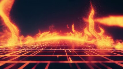 Wall Mural - Digital grid emitting fiery particles and glowing energy