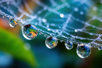 Water Droplets Reflecting Colors on Spider Web
