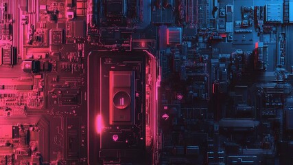 Wall Mural - Electronic circuit board with glowing neon pause symbol