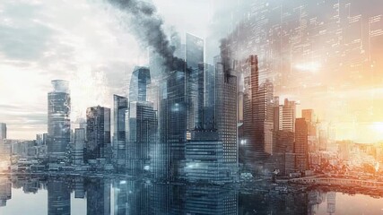 Wall Mural - Urban skyline with futuristic digital data overlay