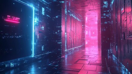 Wall Mural - Futuristic corridor with neon lights and digital data