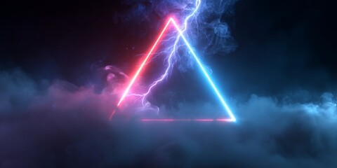 Wall Mural - Futuristic neon frame with electric lightning bolt in dark atmosphere and smoke revealing dynamic energy and modern design concept