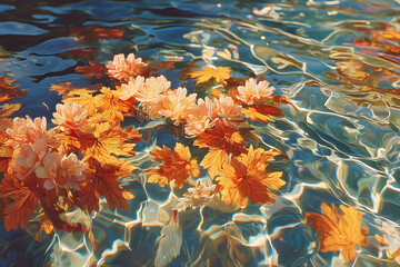 Wall Mural - Floating Autumn Leaves and Chrysanthemums on Rippled Water Surface for Serenity and Nature-Themed Designs