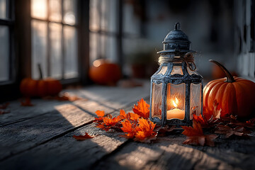 Wall Mural - Cozy Autumn Scene with Lantern and Pumpkins for Fall Decor Inspiration