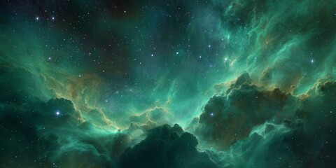 Wall Mural - Mesmerizing Green Nebula and Cosmic Clouds in Space with Bright Stars and Radiant Light Effects