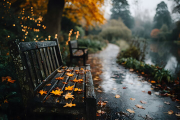 Wall Mural - Tranquil Autumn Scene with Park Bench and Falling Leaves by a Misty Lake