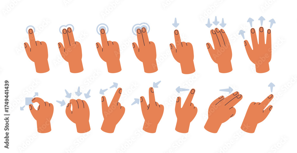 Hand Command Vector Touchscreen gestures set. Fingers, hands making interactive digital ...