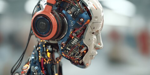 Wall Mural - Futuristic Robot Head with Colorful Circuitry and Headphones in Cybernetic Design
