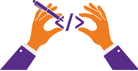 Hands assembling code snippets with a pen in a creative technology illustration