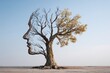 © Alexander LW - a tree in the shape of two human faces with one half empty branches and the opposite side full of leaves, as a medical metaphor for psychological contrast in feelings