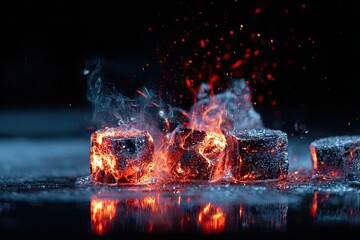 Fire with sparks and exploding ice cubes on a dark background contrast